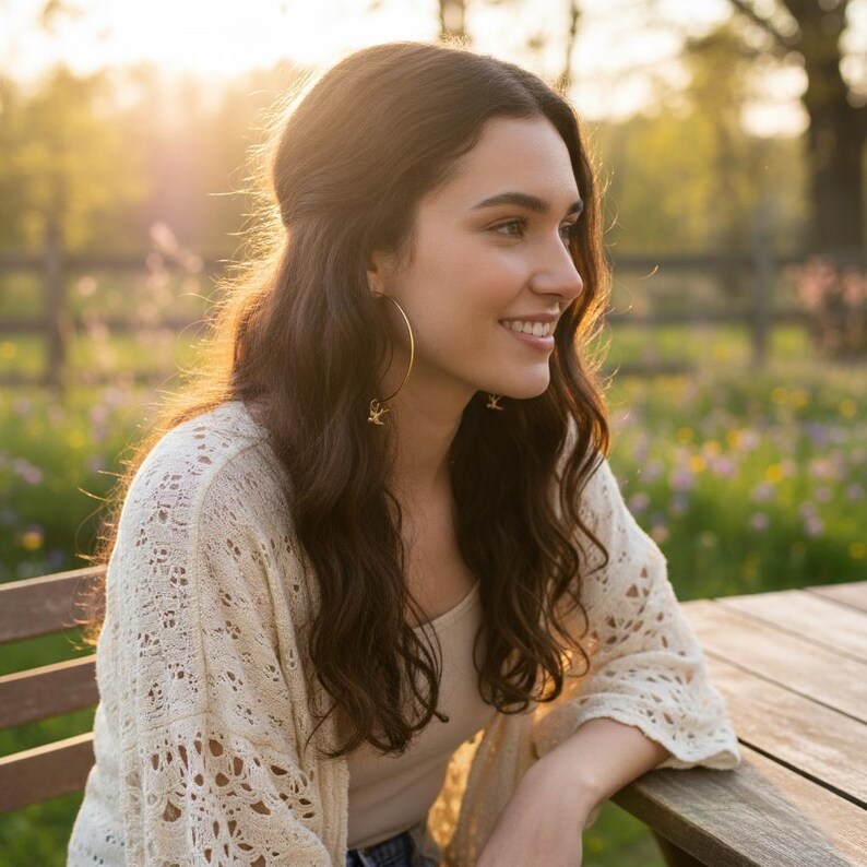 May include: A woman wearing large gold hoop earrings with a small charm, a cream-colored open-knit cardigan, and a white top. She is smiling, with long brown hair, and is sitting at a wooden table outdoors.