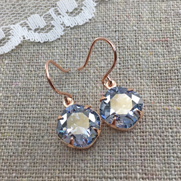 Swarovski Crystal Earrings, 10mm Cushion Cut Dusty French Blue, Dangling Drop Earrings, Gold Rose Gold Silver Aged Brass, Bridesmaids Gifts