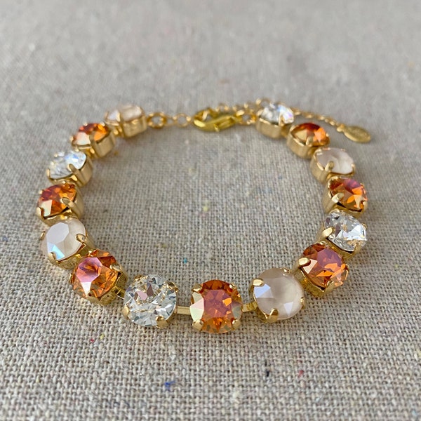 Swarovski Crystal Tennis Bracelet, Orange Xirius Chaton, 14k Gold Silver Rose Gold Adjustable Bracelet, Bridal Jewelry, Custom Colors