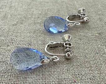 Swarovski Crystal Clip On Earrings | 16mm Light Sapphire Teardrops | Screwback Non-pierced Dangling Earrings | E0457