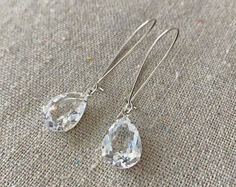 Swarovski Crystal Clear Earrings, Long Dangling Pears, Teardrop Rose Gold, Gold, Silver Tear Drop Bridal Earrings, Wedding Bridesmaids Gifts