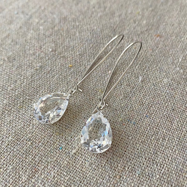 Swarovski Crystal Clear Earrings, Long Dangling Pears, Teardrop Rose Gold, Gold, Silver Tear Drop Bridal Earrings, Wedding Bridesmaids Gifts