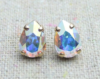 Swarovski Crystal Iridescent Tiny Teardrop Rhinestone Pear Rose Gold Post Earrings Bridal Jewelry Bridesmaids Presents Gifts Flowergirl