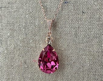 Swarovski Crystal Pendant Necklace | 18x13mm Dark Rose Pears | Adjustable Length | N0127