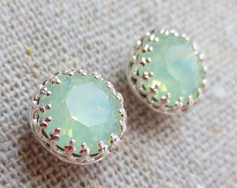 Swarovski Mint Opal Brilliant Diamond Cut Round Crystal Chaton Silver Crown Post Earrings Wedding Bridal Jewelry Bridesmaids Ask Gifts