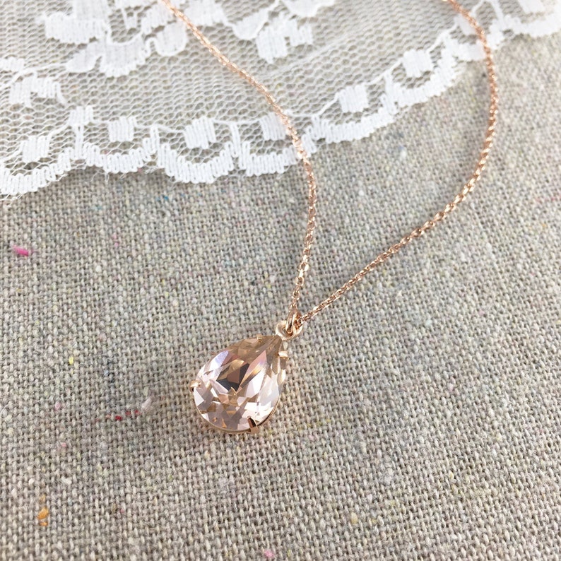 Swarovski Blush Pink Teardrop Crystal Rose Gold Necklace, Simple Pear Vintage Rose Bridal Jewelry, Wedding Bridesmaids Gifts, Tear Pendant image 1