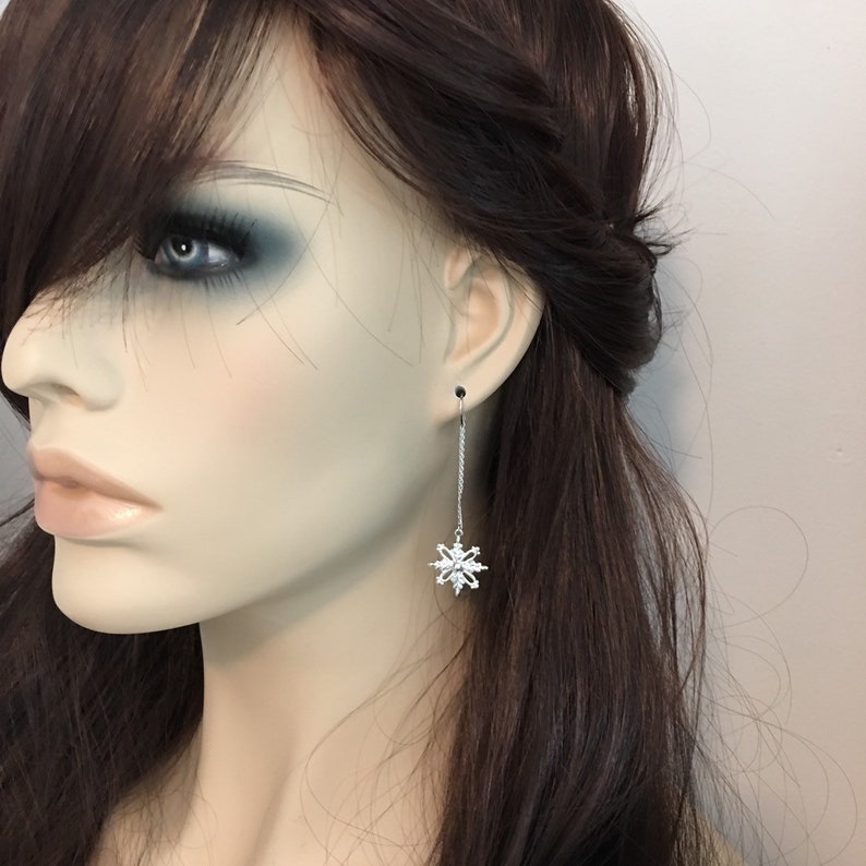 Delicate Snowflake Threader Earrings, Silver Gold or Rose Gold Threader Earrings, Bridesmaid Gifts, Christmas Winter Wedding image 2