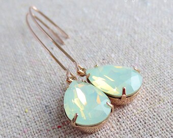 Swarovski Mint Opal Pear Crystal Long Dangling Teardrop Tear Drop Rose Gold, Gold, Silver Bridal Earrings Wedding Bridesmaids Gifts