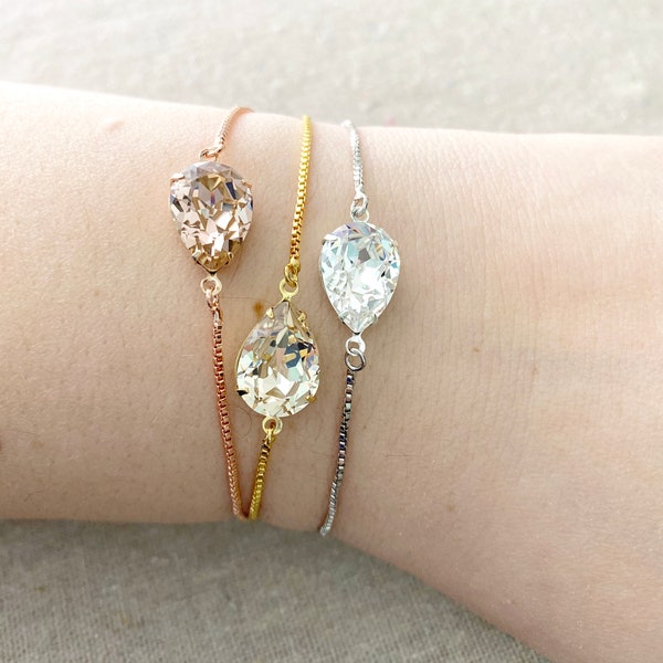 Swarovski Crystal Solitaire Bracelet | 14x10mm Vintage Rose, Light Silk or Crystal Pear | Silicone Sliding Easy-on Clasp | B0165
