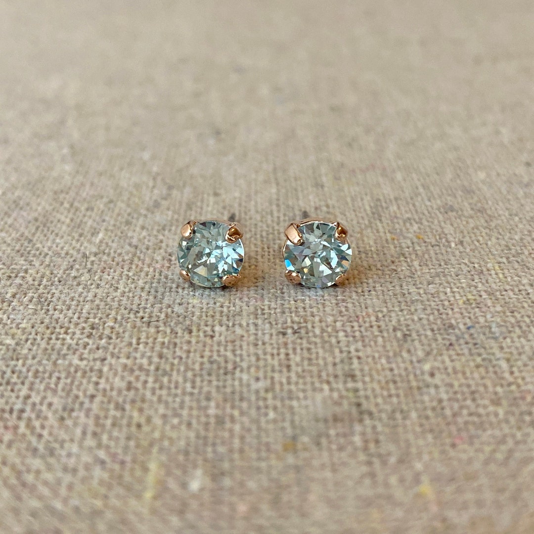 Swarovski Crystal Rose Gold Post Earrings, Small Light Azore 6mm Round Xirius Studs, Bridesmaid