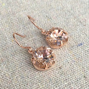 Swarovski Crystal Blush Pink Cushion Cut Rose Gold Dangling Bridal Earrings Bridesmaids Gifts Wedding Jewelry Brides Faux Morganite Earrings image 7