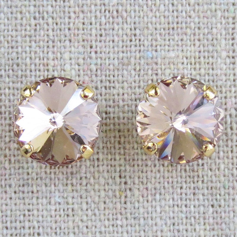 Swarovski Crystal Earrings, 12mm Rivoli Blush Pink Chaton Studs, Wedding Bridal Posts, Gold Rose Gold Silver, Bridesmaids Custom Gifts image 4