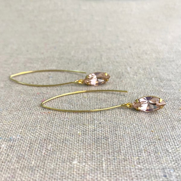 Swarovski Blush Pink Crystal Marquise Earrings • Long Sleek Dangling Earrings • Wedding Jewelry • Bridesmaids Gifts • Silver Gold Rose Gold