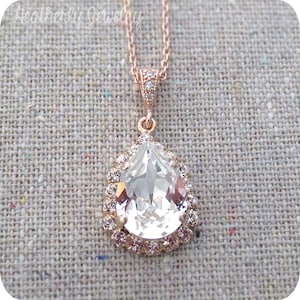 Swarovski Crystal Faux Diamond Halo Teardrop Pendant Pave Rose Gold Bridal Necklace Morganite Wedding Jewelry Bridesmaids Proposal Ask Gifts image 1