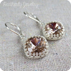 Swarovski Blush Pink Pale Rose Cushion Cut Square Crystal Crown Dangling Silver Earrings Wedding Bridal Jewelry Bridesmaids Gifts