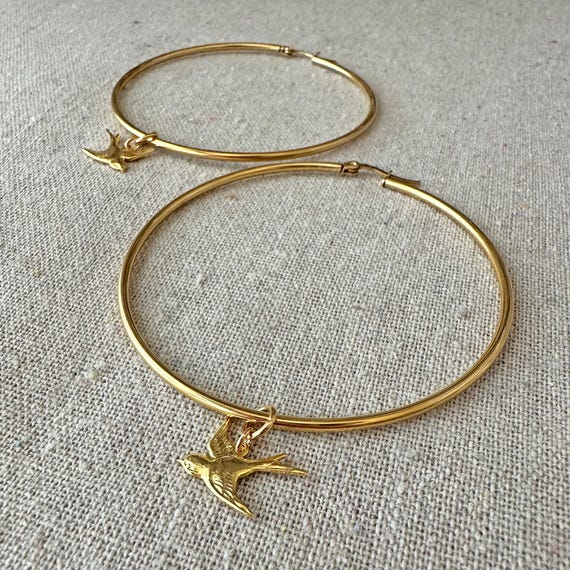 Swooping Swallows Hoop Earrings | 70mm 18k Gold Ion Plated Surgical Steel | Removable Bird Charms | E0492