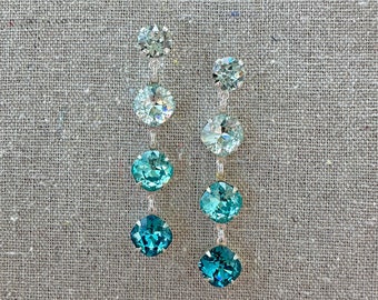 Swarovski Crystal Earrings, Long Stiletto Turquoise Blue Ombre Drop Earrings, Xirius Chaton & Cushion Cut, Aged Brass Gold Rose Gold Silver
