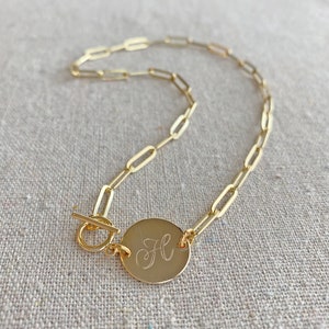 Chunky 14k Gold Plated Paperclip Necklace, Monogram Sideways Coin Necklace, Script Initial Personalized Choker, Tiny Toggle Clasp & Letter