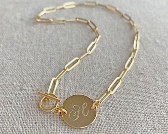 Chunky 14k Gold Plated Paperclip Necklace, Monogram Sideways Coin Necklace, Script Initial Personalized Choker, Tiny Toggle Clasp & Letter