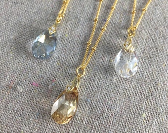 Swarovski Crystal Teardrop Necklace, Simple Crystal Pendant, Clear Champagne Dusty French Blue Crystal Necklace, Bridesmaid Gifts