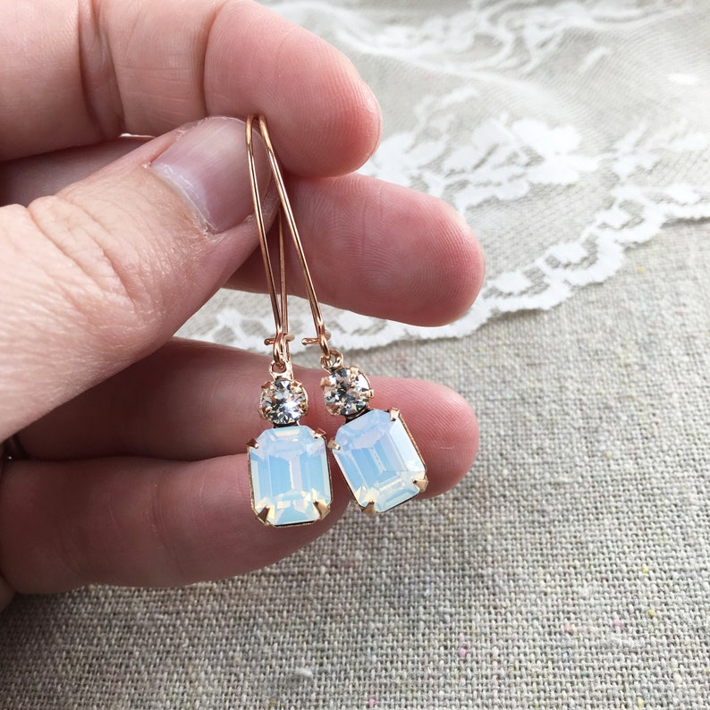 Swarovski Crystal Bridal Earrings, White Opal Crystal Rose Gold, Rhinestone Long Dangling Earrings, Bridesmaid Wedding Jewelry, Ask Gifts image 3