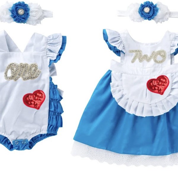 Alice in Onederland Dress Smash Cake First Birthday Clothes Outfit Alice in Wonderland Romper