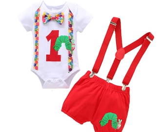 The Very Hungry Caterpillar Boy Clothes Outfit Smash Cake First Birthday Bodysuit Suspenders