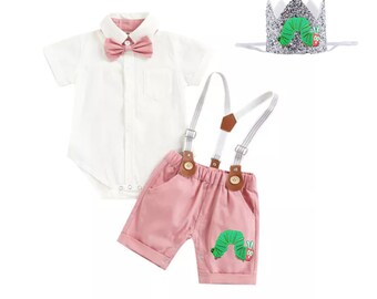 The Very Hungry Caterpillar Boy Clothes Outfit Smash Cake First Birthday Bodysuit Suspenders