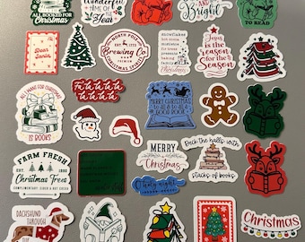 May include: A collection of Christmas-themed stickers with various designs, including Santa Claus, Christmas trees, books, and festive phrases like "Merry and Bright" and "All I Want for Christmas is Books."