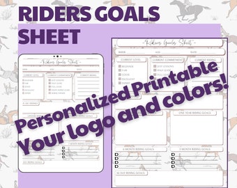 May include: Printable goal setting sheet for equestrians. The sheet features a horse design and includes sections for setting goals for different time periods, from daily to yearly. The sheet also includes sections for tracking current riding level and commitment.