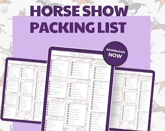 Puede incluir: Una lista de verificación imprimible para empacar para un espectáculo de caballos. La lista de verificación está dividida en tres secciones: exhibición, equipo y aseo. La lista de verificación incluye artículos como una silla de montar, una brida, cepillos y ropa de espectáculo.