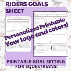 May include: Printable goal setting sheet for equestrians. The sheet features a horse design and includes sections for setting goals for different time periods, from daily to yearly. The sheet also includes sections for tracking current riding level and commitment.