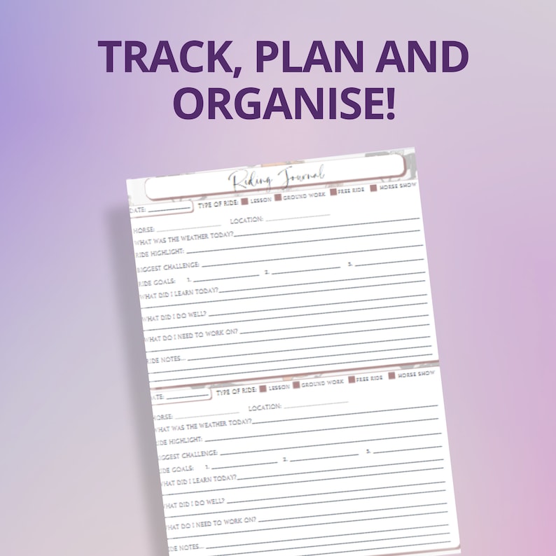 May include: A printable riding journal with a pink and white floral design. The journal includes sections for date, type of ride, lesson, ground work, free ride, horse show, horse, location, weather, highlight, biggest challenge, goals, what was learned, what was done well, what needs to be worked on, and notes.