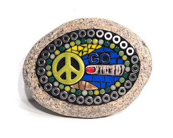 Go Towards Peace. (Handmade Little Original Design Mixed Media Mosaic On Found Stone by Artist Shawn DuBois)