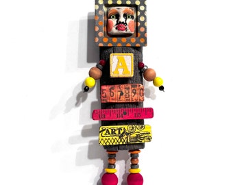 Salvaged Wood Art Doll. (Little Handmade Original Mixed Media Art Doll Contemporary Wall Decor by Artist Shawn DuBois)