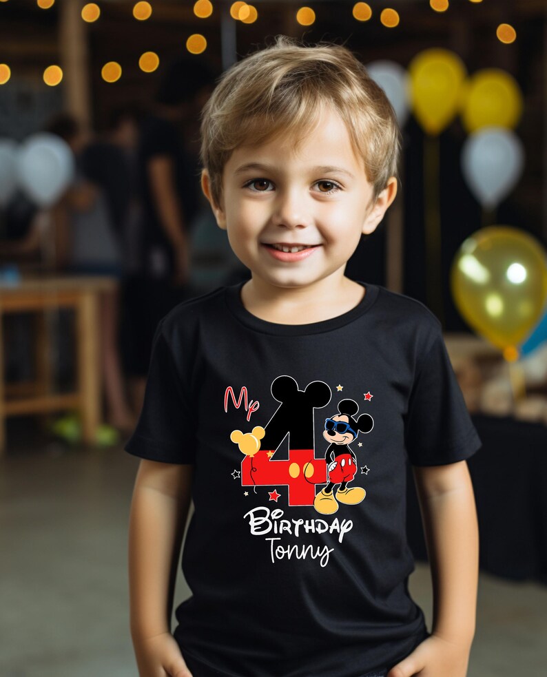 May include: A black t-shirt with a red and black number four, Mickey Mouse wearing sunglasses, and the text "My 4th Birthday Tonny".