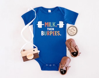 Milk Then Burpees Baby Onesie Funny Gym Baby Bodysuit, Crossfit Baby Outfit, Newborn Shower Gift, Fitness Dad Gift, Workout Baby Clothes