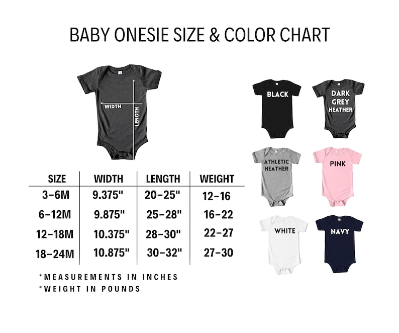 May include: Baby onesie size and color chart with measurements in inches and weight in pounds. The chart shows the width, length, and weight for sizes 3-6 months, 6-12 months, 12-18 months, and 18-24 months. The chart also shows the colors available: black, dark grey heather, athletic heather, pink, white, and navy.