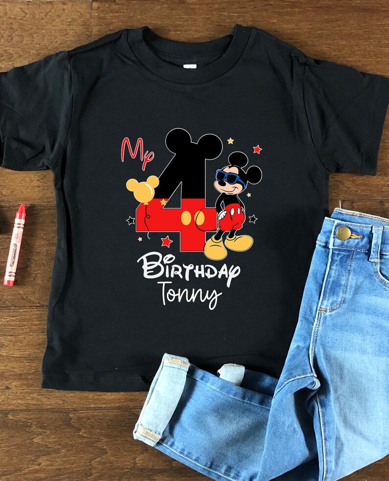 May include: Black t-shirt with a red number four and Mickey Mouse wearing sunglasses. The text "My 4th Birthday Tony" is printed on the shirt.