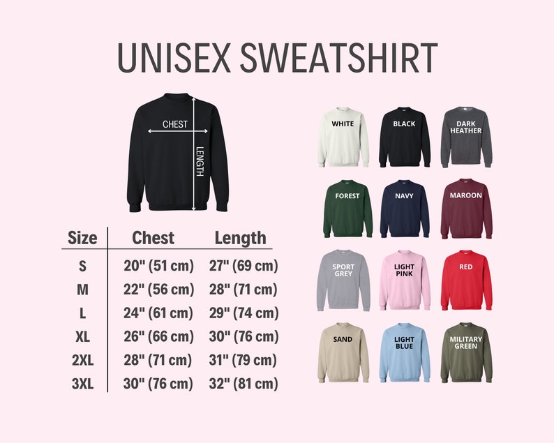 Pode incluir: Tabela de tamanhos de moletom unissex com medidas em polegadas e cent&iacute;metros. A tabela mostra as medidas de t&oacute;rax e comprimento para os tamanhos S, M, L, XL, 2XL e 3XL. A tabela tamb&eacute;m mostra uma variedade de cores para o moletom, incluindo branco, preto, cinza escuro, verde floresta, azul marinho, vinho, cinza esportivo, rosa claro, vermelho, areia, azul claro e verde militar.