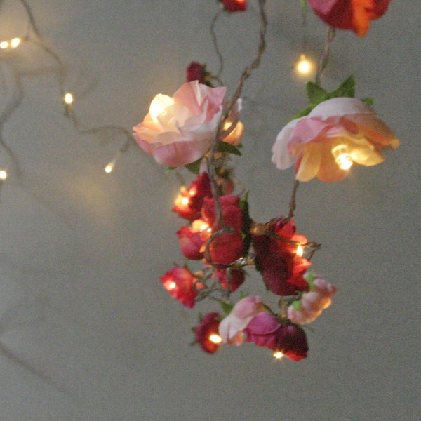 Bohemian Garden Mixed Rose Fairy Lights  Pretty Flower String Lighting in Red and Pinks