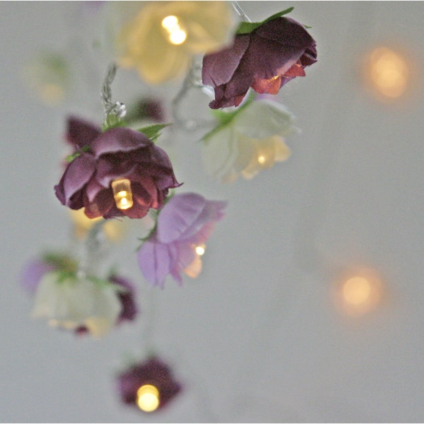 Reserved for Mollymag - Rose Fairy Lights in Magenta Lilac and Apple White Rambling Rose String Garland Flower Lights