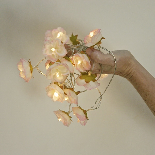 Rose Fairy Lights, Pink Tipped Ivory White Shabby Flower String Light Garland Bridal Shower Nursery Decor