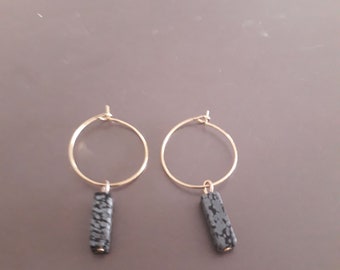 Boucles d'oreilles mini créoles acier inoxydable pendentif en obsidienne