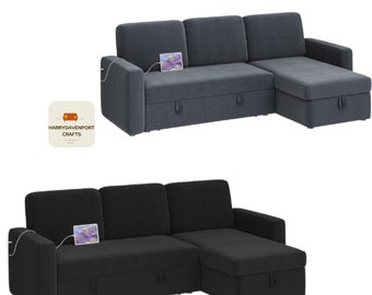 Reversible couch sleeper with pull-out bed and storage space, 4-seat fabric convertible sofa, sofa L-shaped sofa bed with chaise and USB