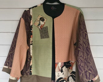 Kimono Style Jacket Features Applique and Geishas