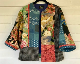 Kimono style jacket in a happy collage of Japanese prints