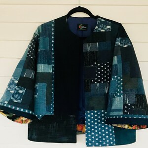Sashiko Print Patchwork Jacket in Indigo