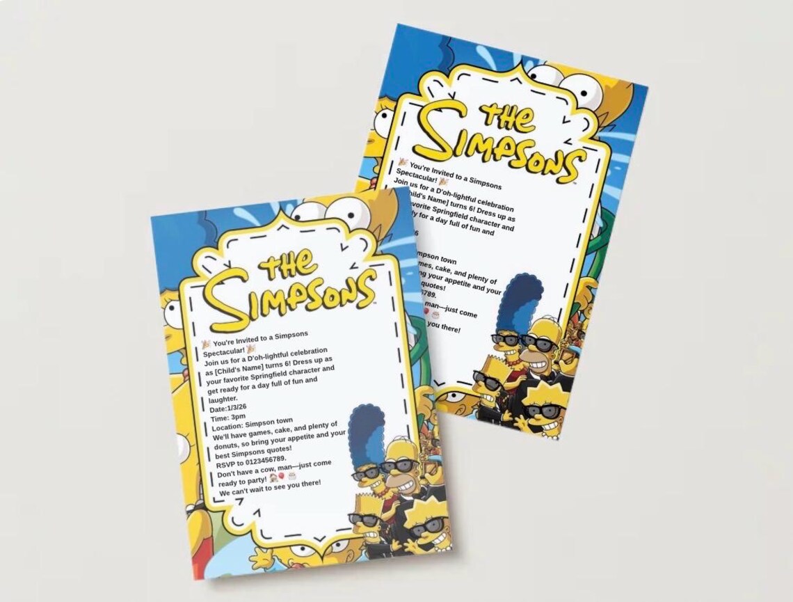 Simpson Theme Check In Editable Simpsons Theme Birthday Invitation: Printable Canva Template ...