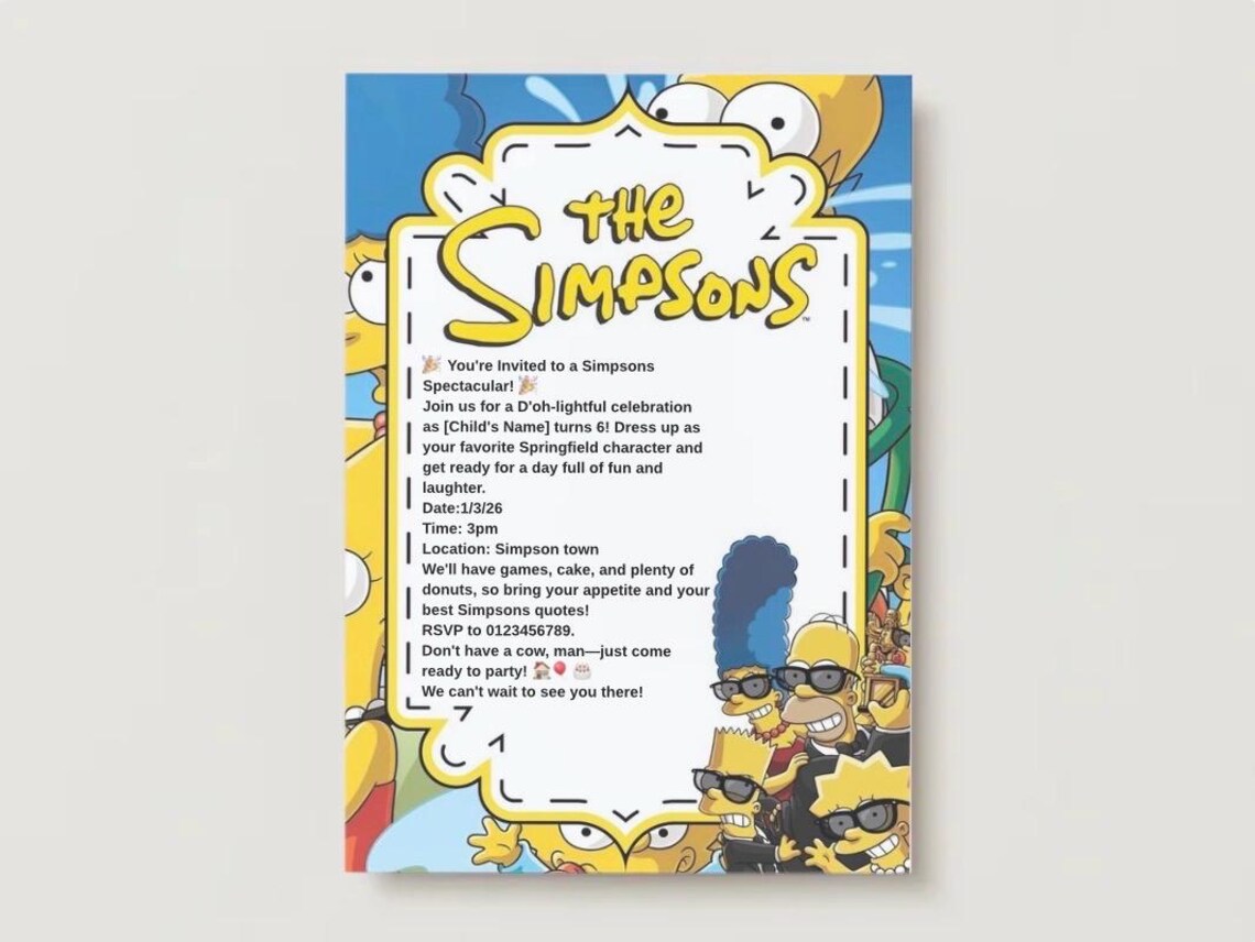 Simpson Theme Check In Editable Simpsons Theme Birthday Invitation: Printable Canva Template ...